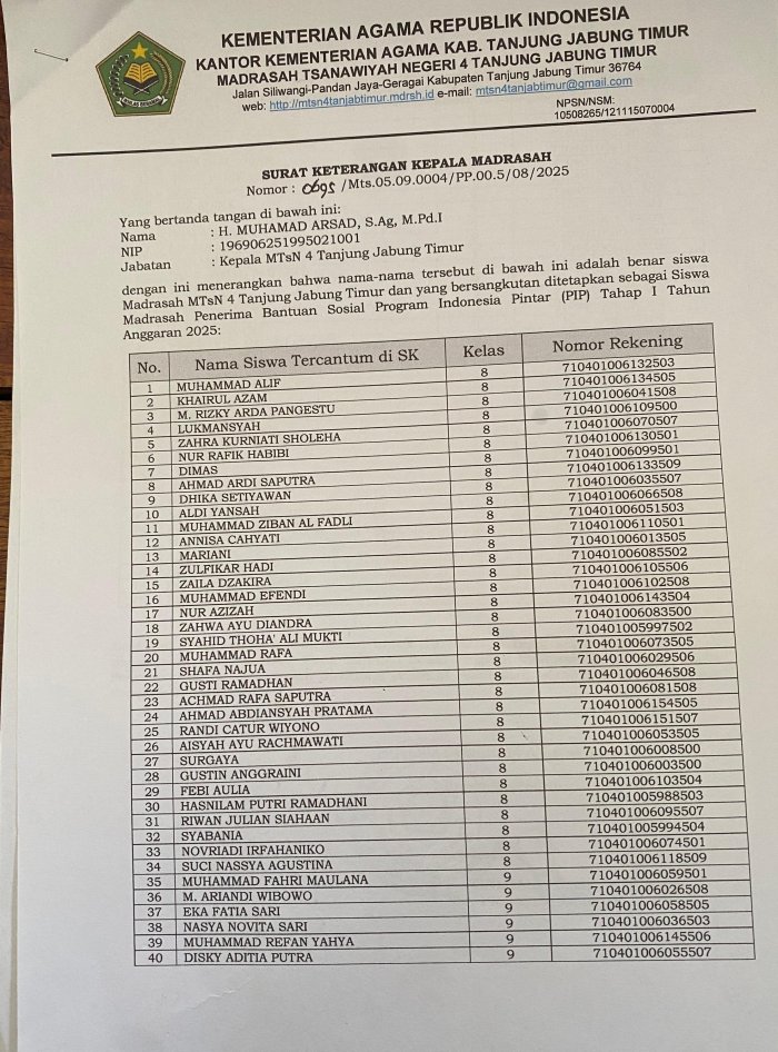 75 Siswa MTsN 4 Tanjung Jabung Timur Terima Bantuan PIP
